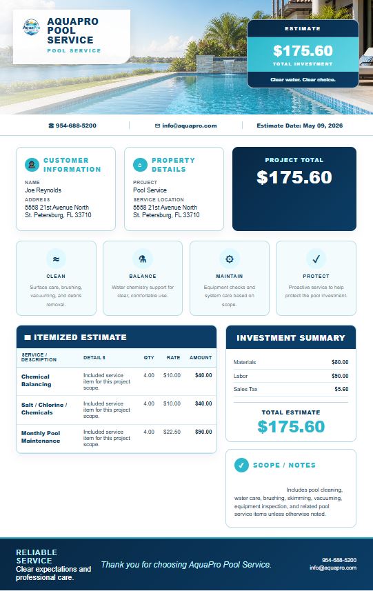 Pool service estimate template